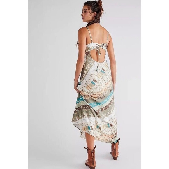 NWT Free People Dress Fiona Patchwork Maxi in Green Beige Print - Picture 3 of 11